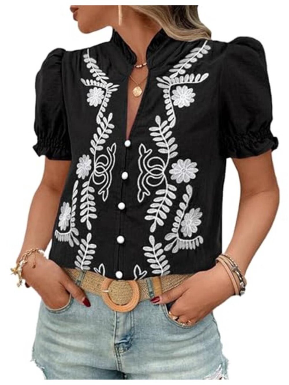 Women's Summer Top Casual Ruffle Puff Short Sleeve Embroidered Blouse